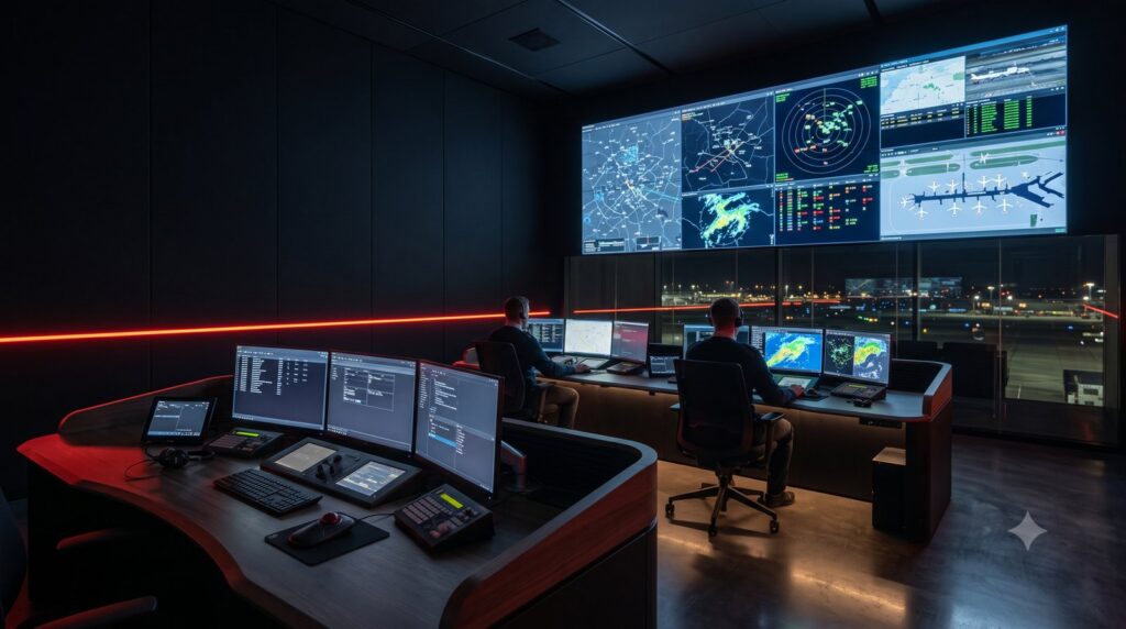 Air traffic control and airport control room with situational displays and controller workspaces