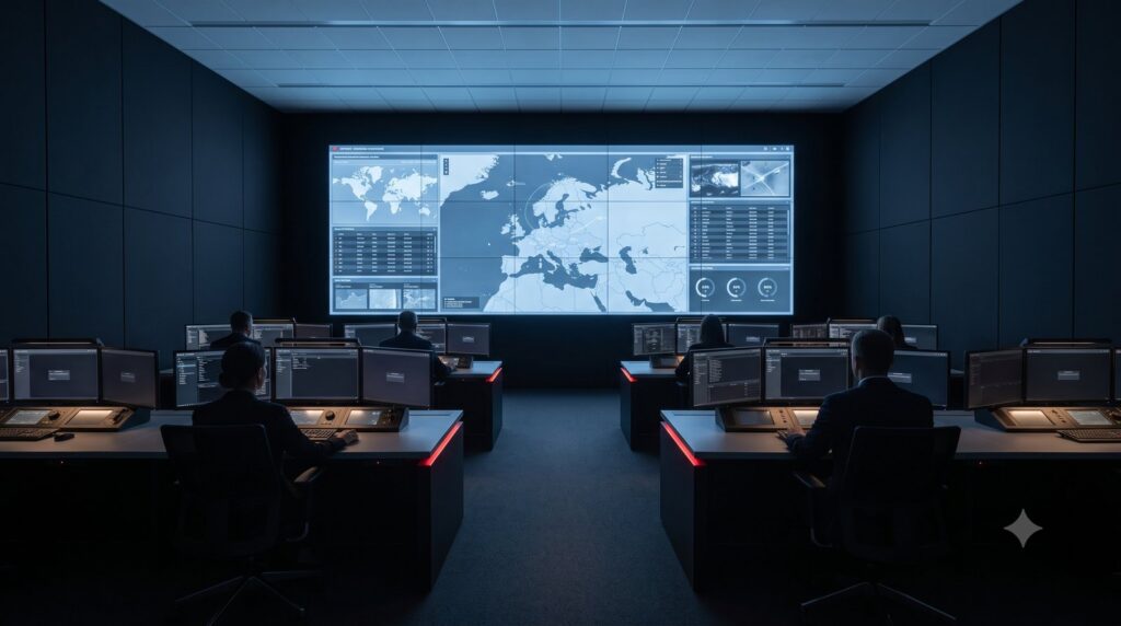 Command and control center for defense with a large-format situational video wall