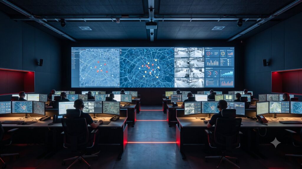 Emergency and dispatch control room for police, fire and EMS with situational video wall and 24/7 operator workspaces