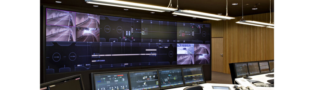 Traffic management control center with a video wall monitoring motorways and tunnels