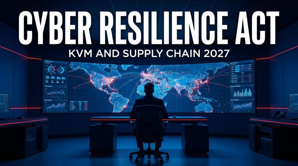 Operator in front of a curved control room video wall showing a global supply chain network with data dashboards