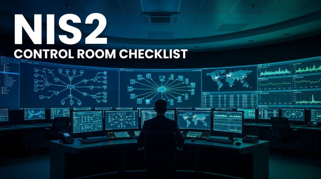 Operator at a multi-monitor workstation in a dark control room, network topology diagrams and dashboards on the video wall